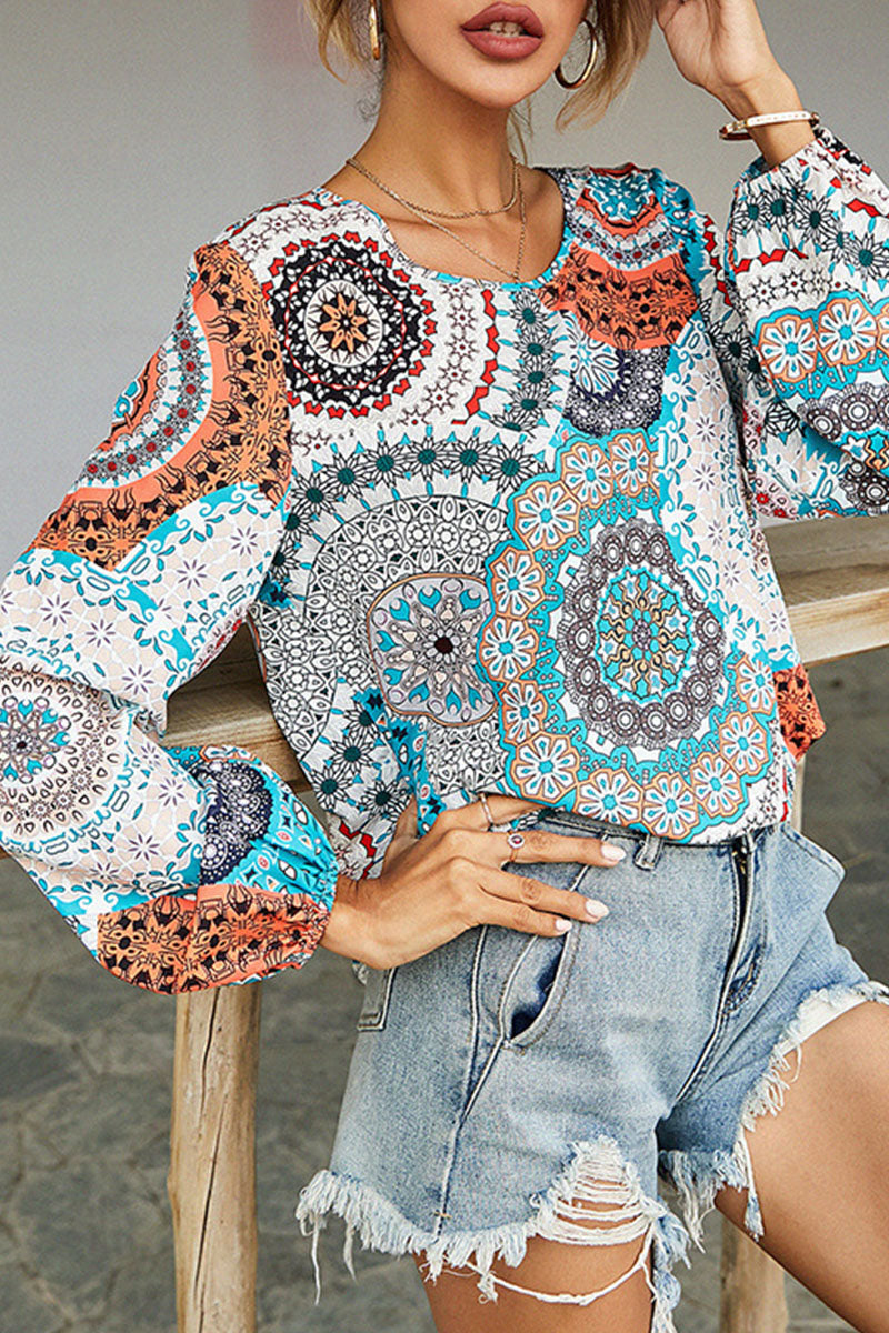 Fashion Casual Print Patchwork O Neck Tops