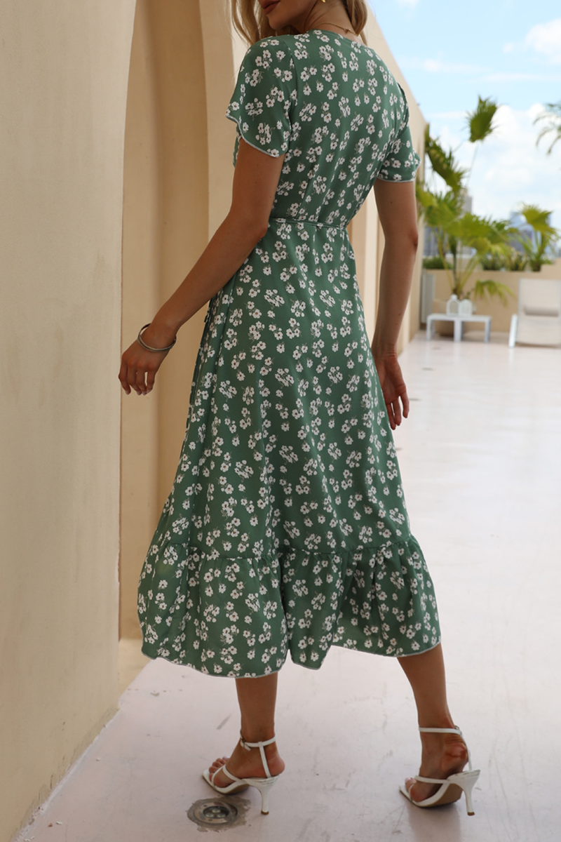 Sweet Elegant Floral Frenulum Flounce V Neck A Line Dresses