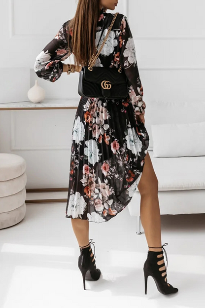 Elegant Floral Fold With Belt Ribbon Collar Pleated Dresses