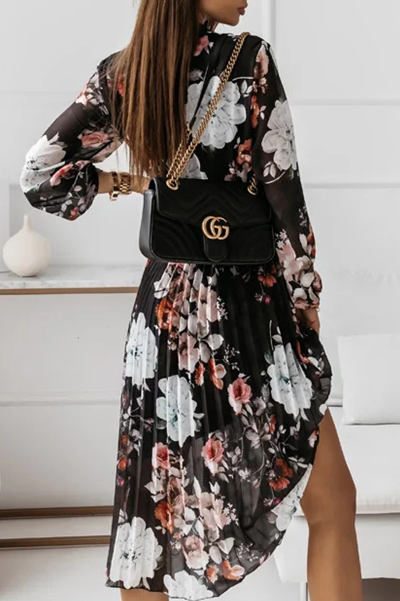 Elegant Floral Fold With Belt Ribbon Collar Pleated Dresses