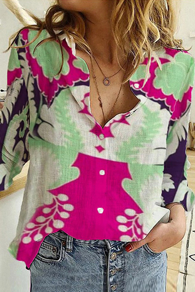 Casual Print Patchwork Buckle Turndown Collar Tops