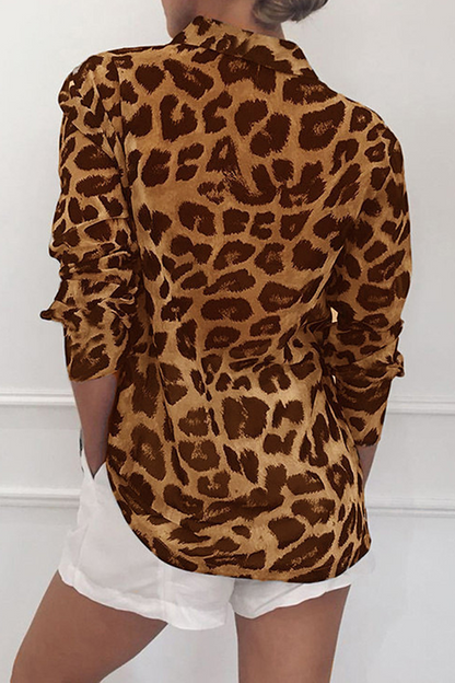 Fashion Casual Leopard Buckle Turndown Collar Blouses(4 Colors)