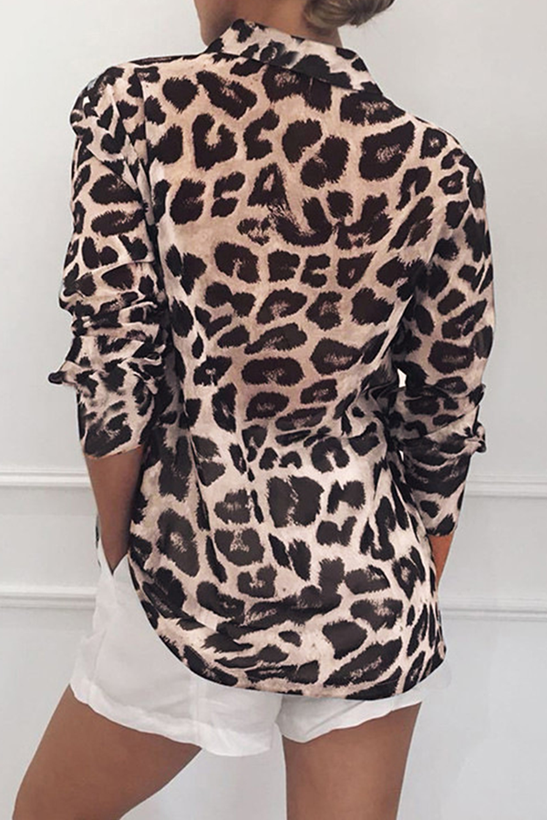 Fashion Casual Leopard Buckle Turndown Collar Blouses(4 Colors)