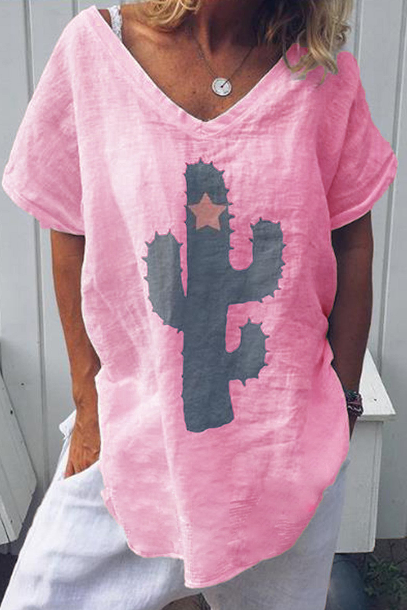 Fashion Print Split Joint V Neck T-Shirts