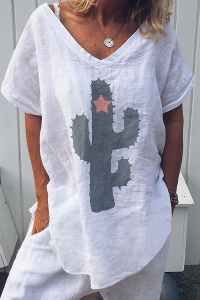 Fashion Print Split Joint V Neck T-Shirts