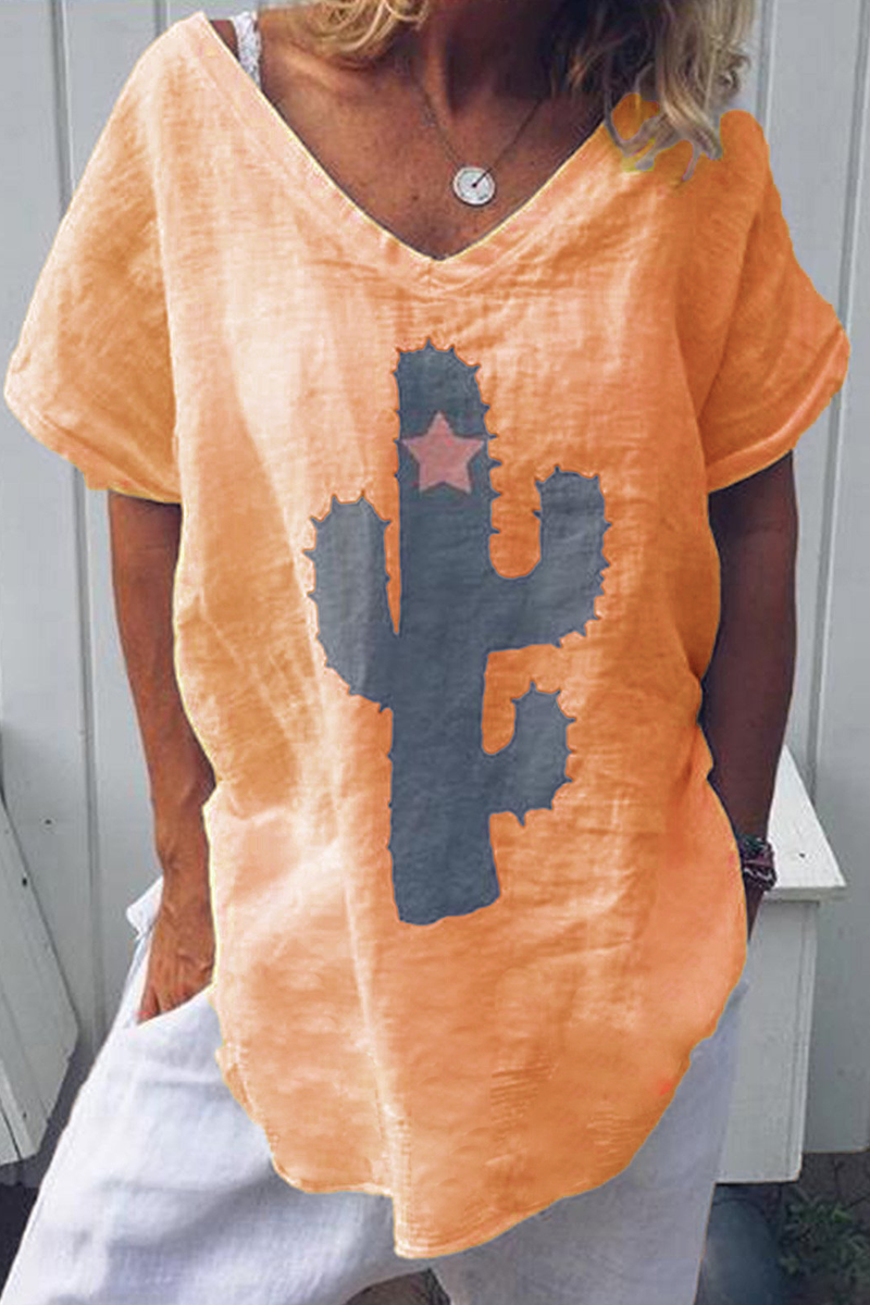 Fashion Print Split Joint V Neck T-Shirts