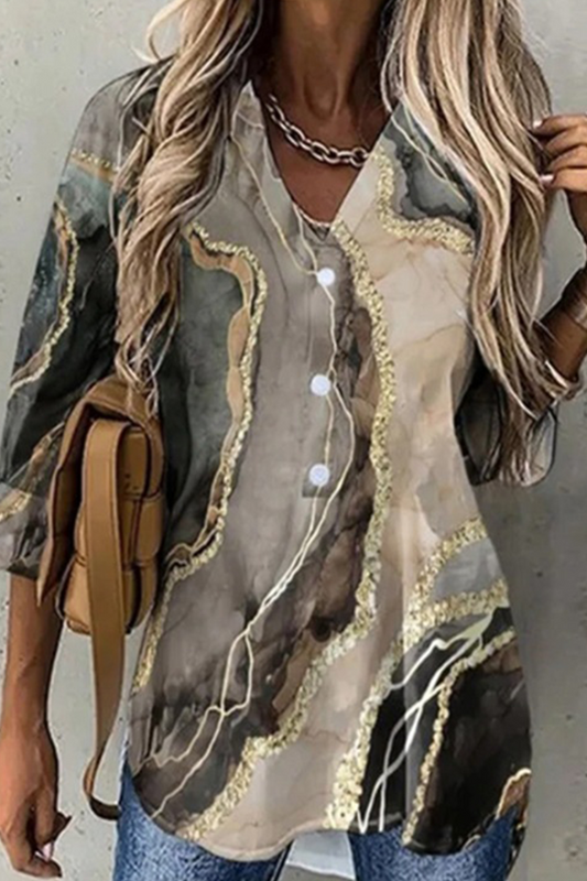 Casual Print Patchwork Turndown Collar Blouses