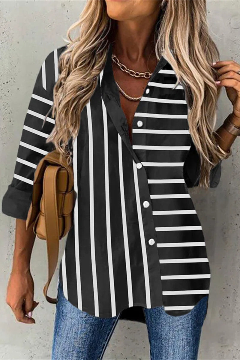 Elegant Striped Buttons Shirt Collar Tops