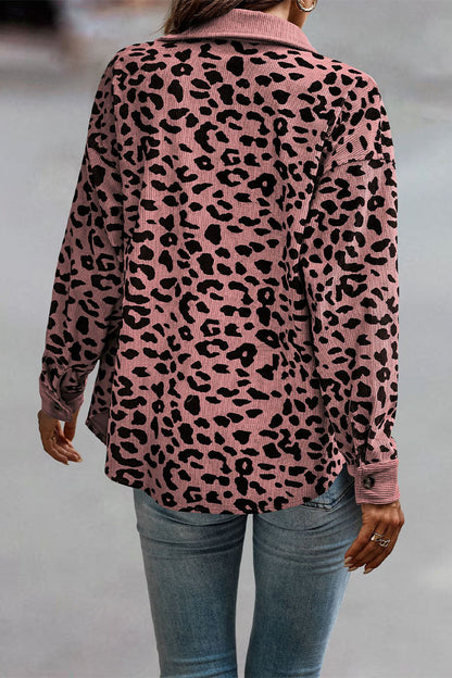 Casual Sweet Leopard Pocket Turndown Collar Tops