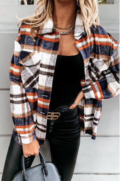 Elegant Plaid Printing Turndown Collar Tops