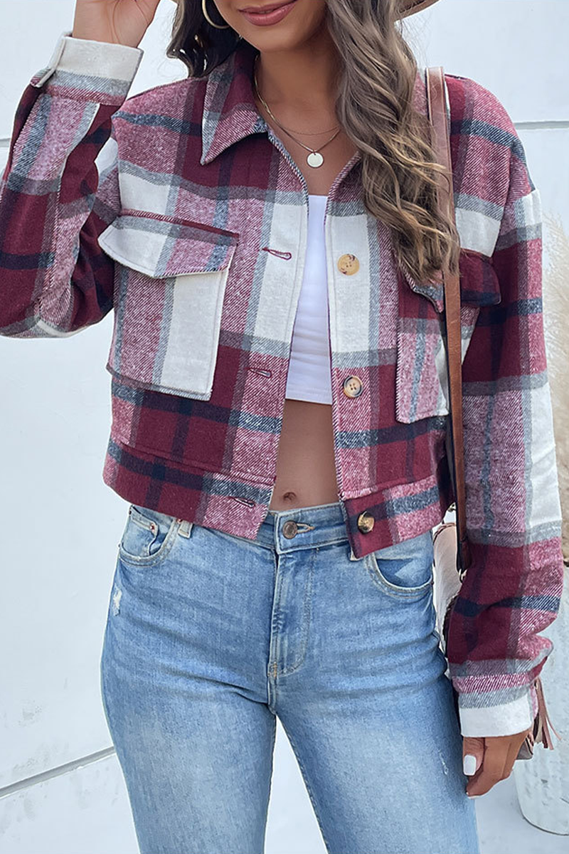 Street Plaid Patchwork Turndown Collar Tops(4 Colors)