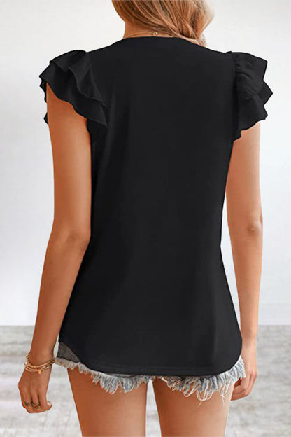 Casual Simplicity Solid Flounce V Neck T-Shirts