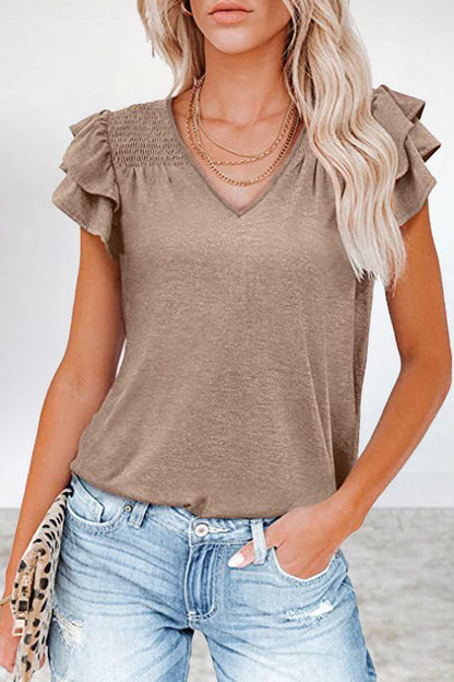 Casual Simplicity Solid Flounce V Neck T-Shirts