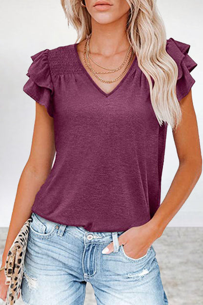 Casual Simplicity Solid Flounce V Neck T-Shirts