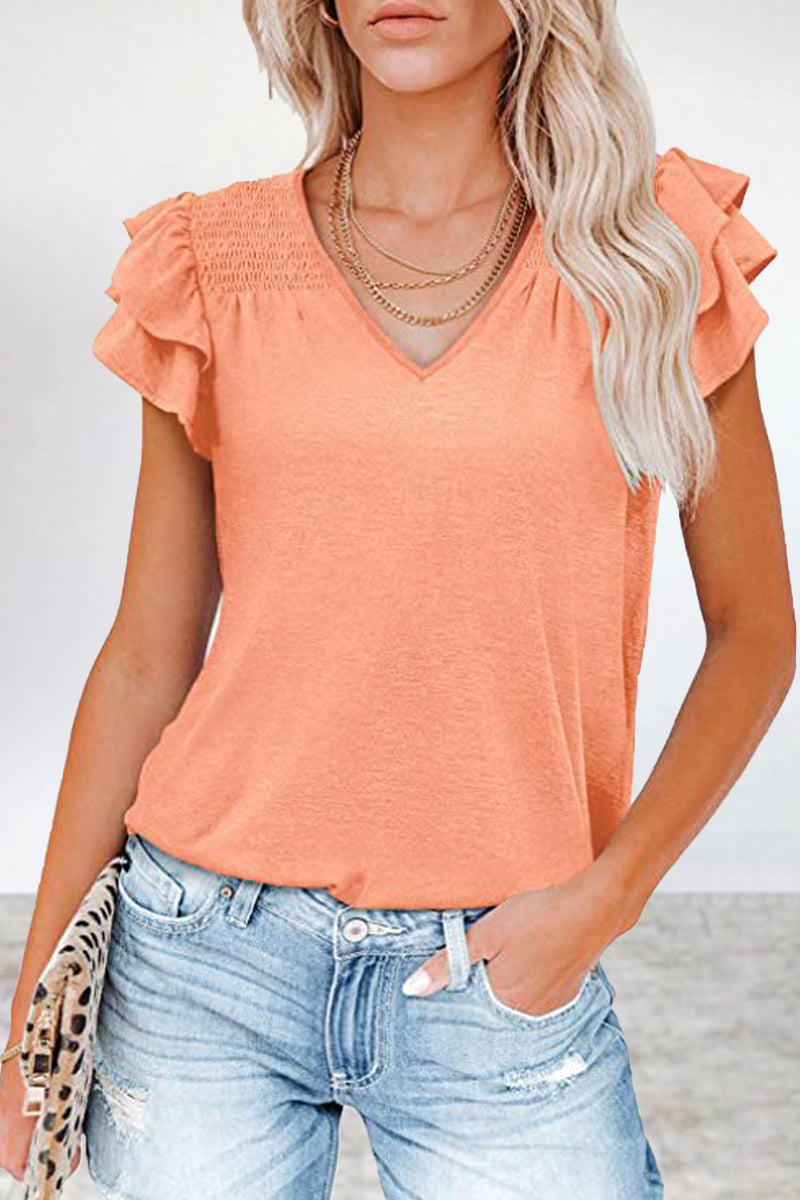 Casual Simplicity Solid Flounce V Neck T-Shirts