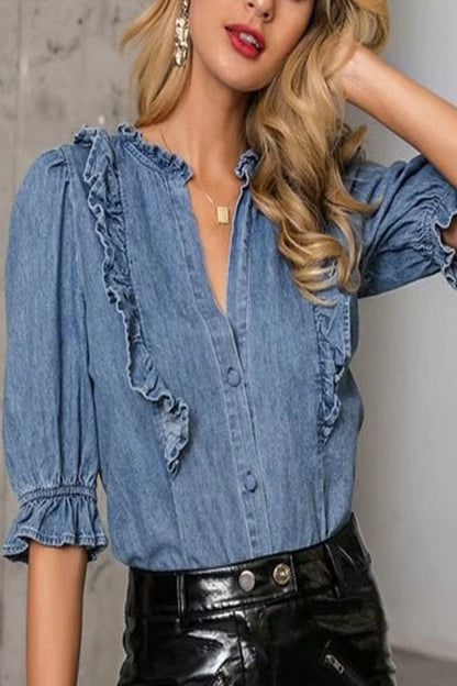 Work Solid Buckle Flounce V Neck Tops