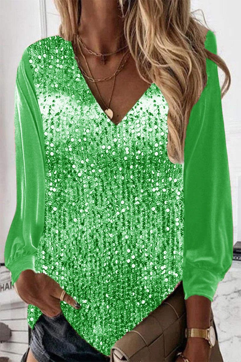 Casual Solid Sequins V Neck Blouses(5 Colors)