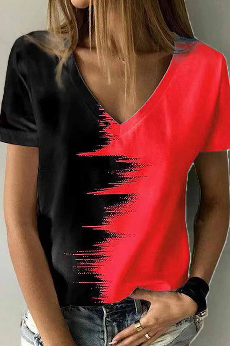 Street Print Patchwork V Neck T-Shirts(12 Colors)