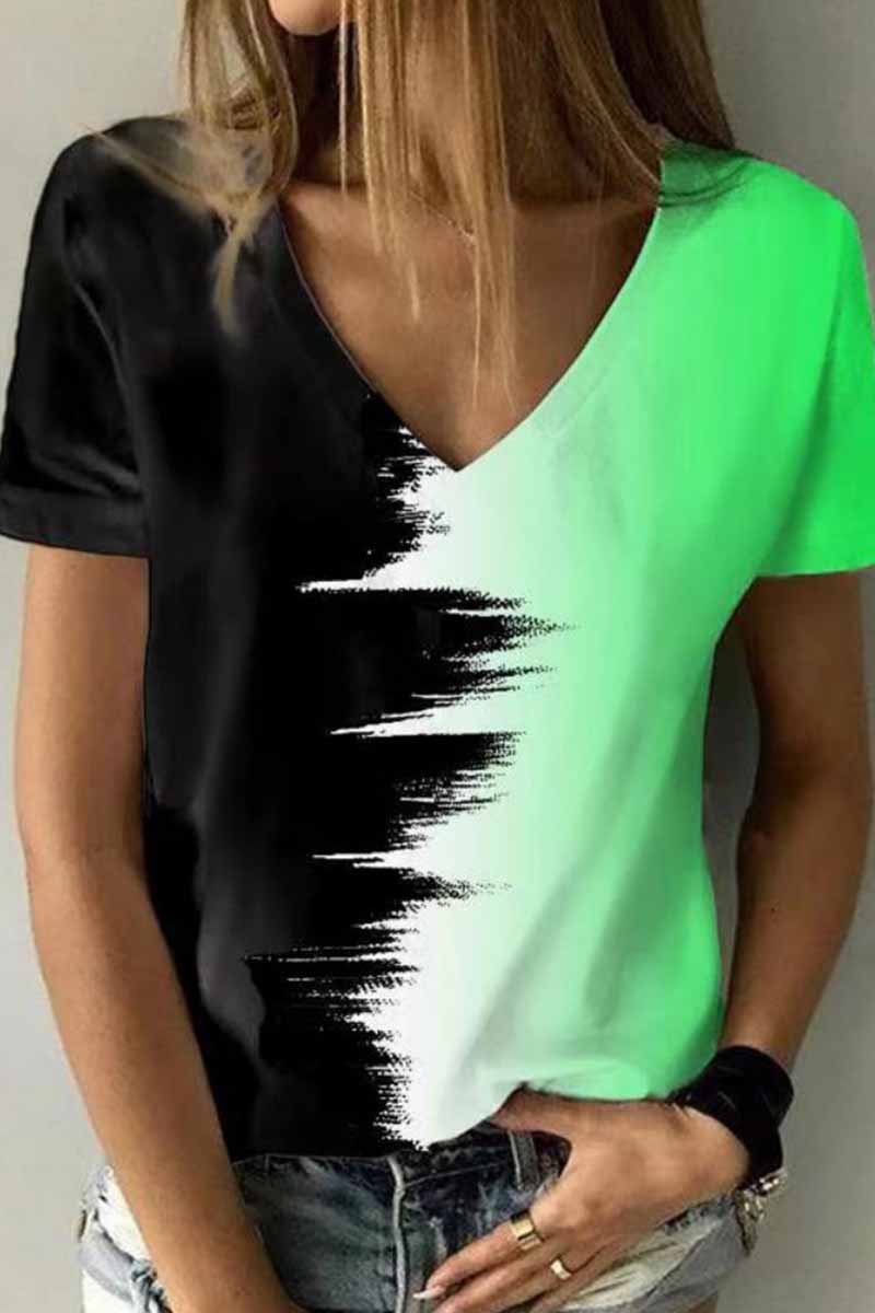 Street Print Patchwork V Neck T-Shirts(12 Colors)