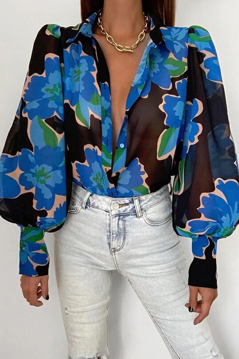 Elegant Floral Patchwork Turndown Collar Tops