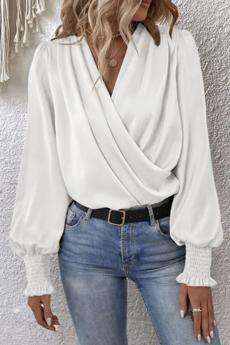 Elegant Solid Fold V Neck Blouses(4 Colors)