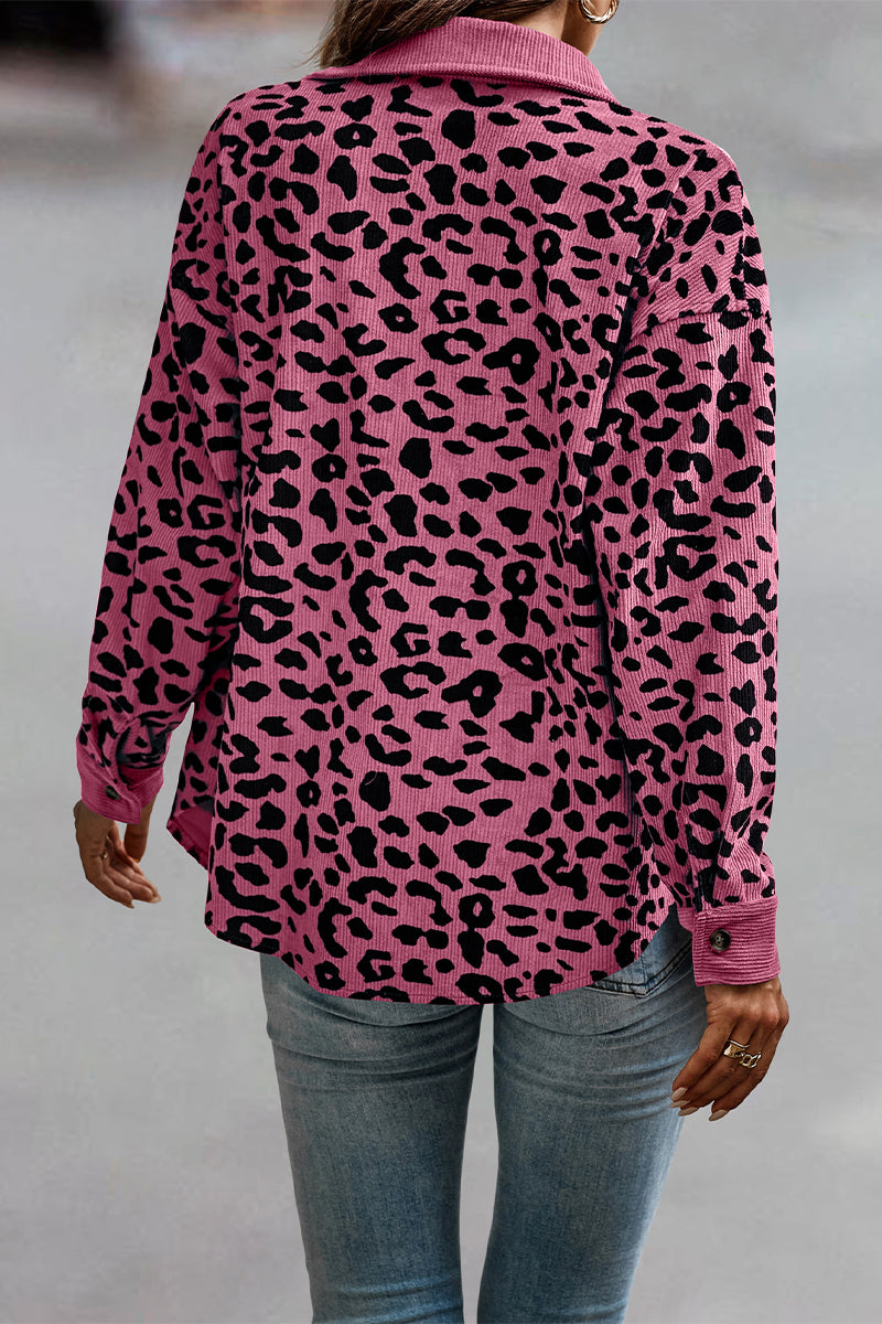 Casual Sweet Leopard Pocket Turndown Collar Tops