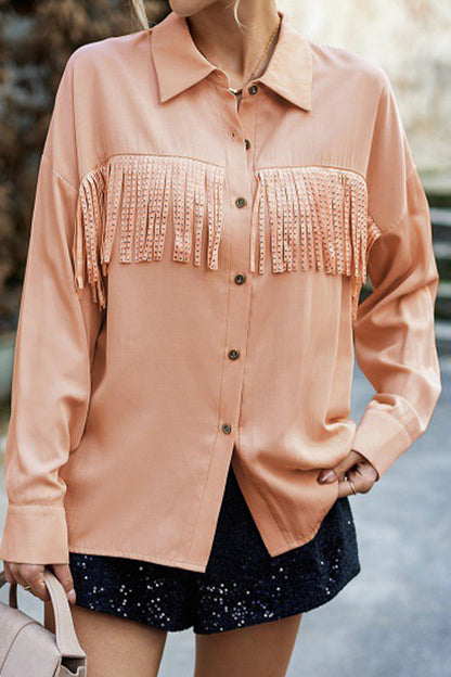 Casual Solid Tassel Shirt Collar Tops