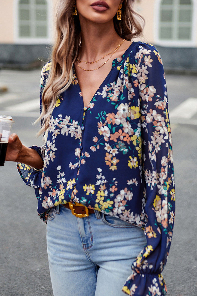 Sweet Elegant Floral Buttons V Neck Tops