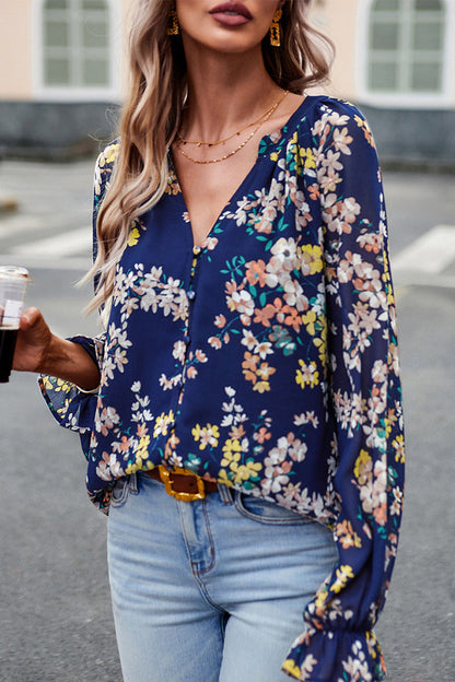 Sweet Elegant Floral Buttons V Neck Tops