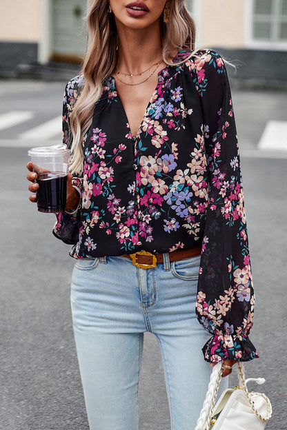 Sweet Elegant Floral Buttons V Neck Tops