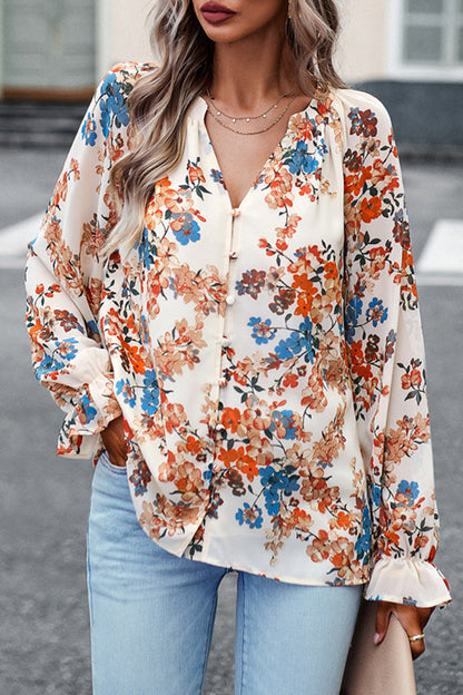 Sweet Elegant Floral Buttons V Neck Tops