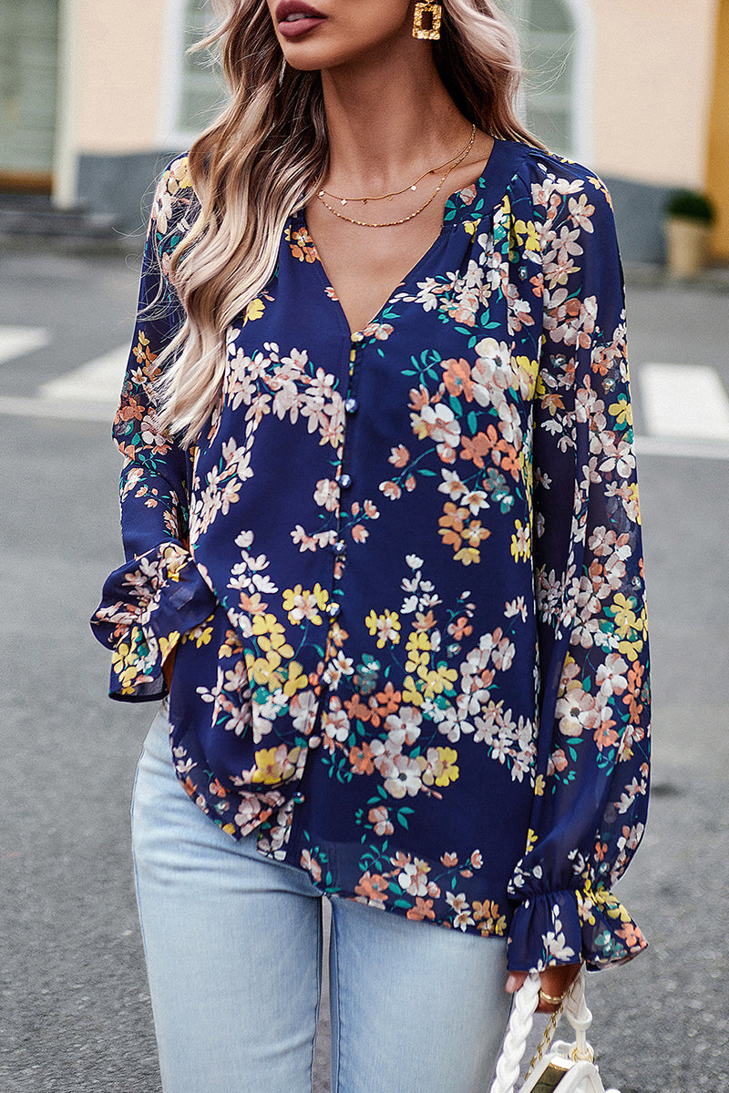 Sweet Elegant Floral Buttons V Neck Tops