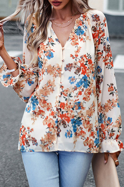 Sweet Elegant Floral Buttons V Neck Tops