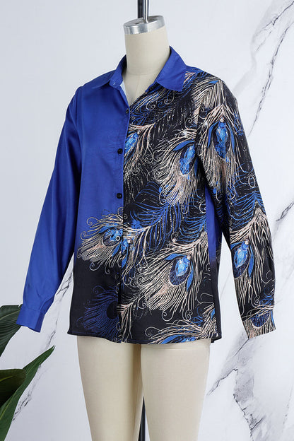 Casual Print Patchwork Shirt Collar Tops(4 Colors)