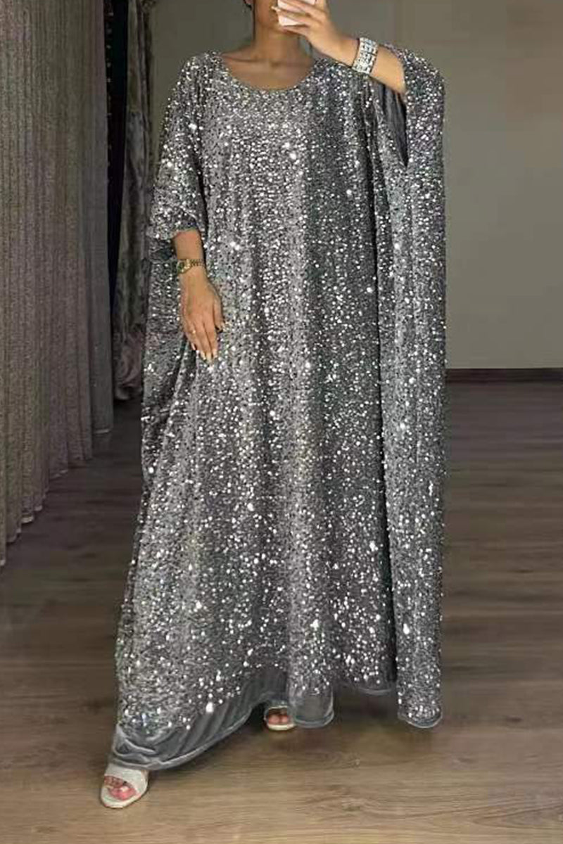 College Solid Sequins Sequined U Neck Long Sleeve Dresses