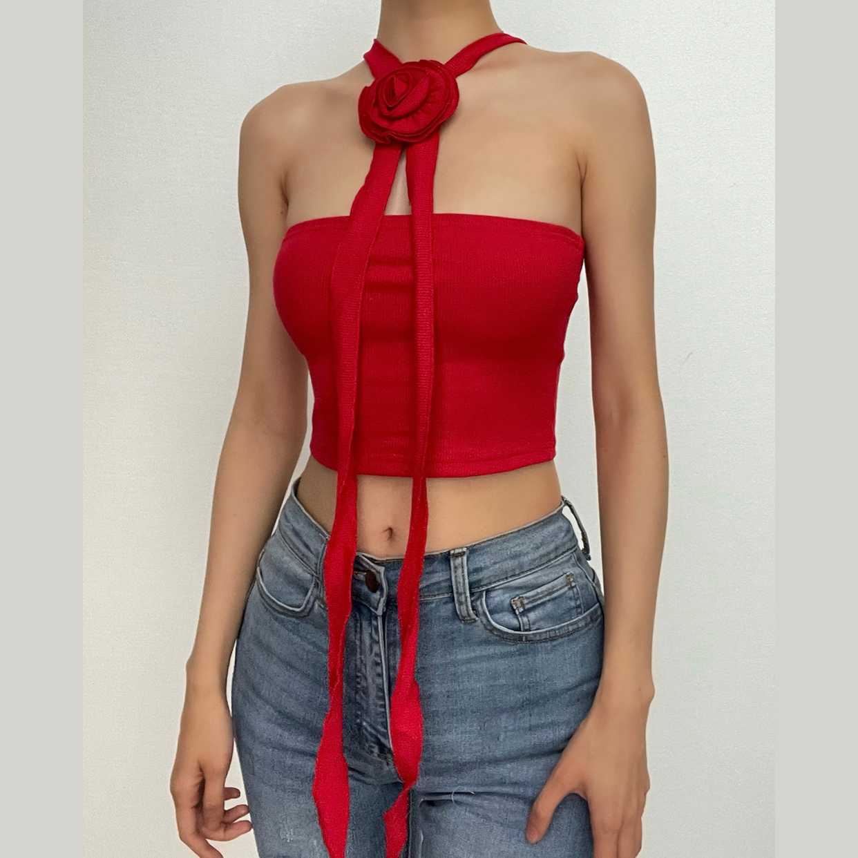 Solid flower applique backless 2-way crop top