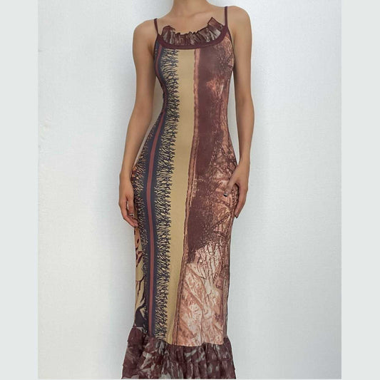 Abstract ruffle contrast ruched cami maxi dress - Final Sale