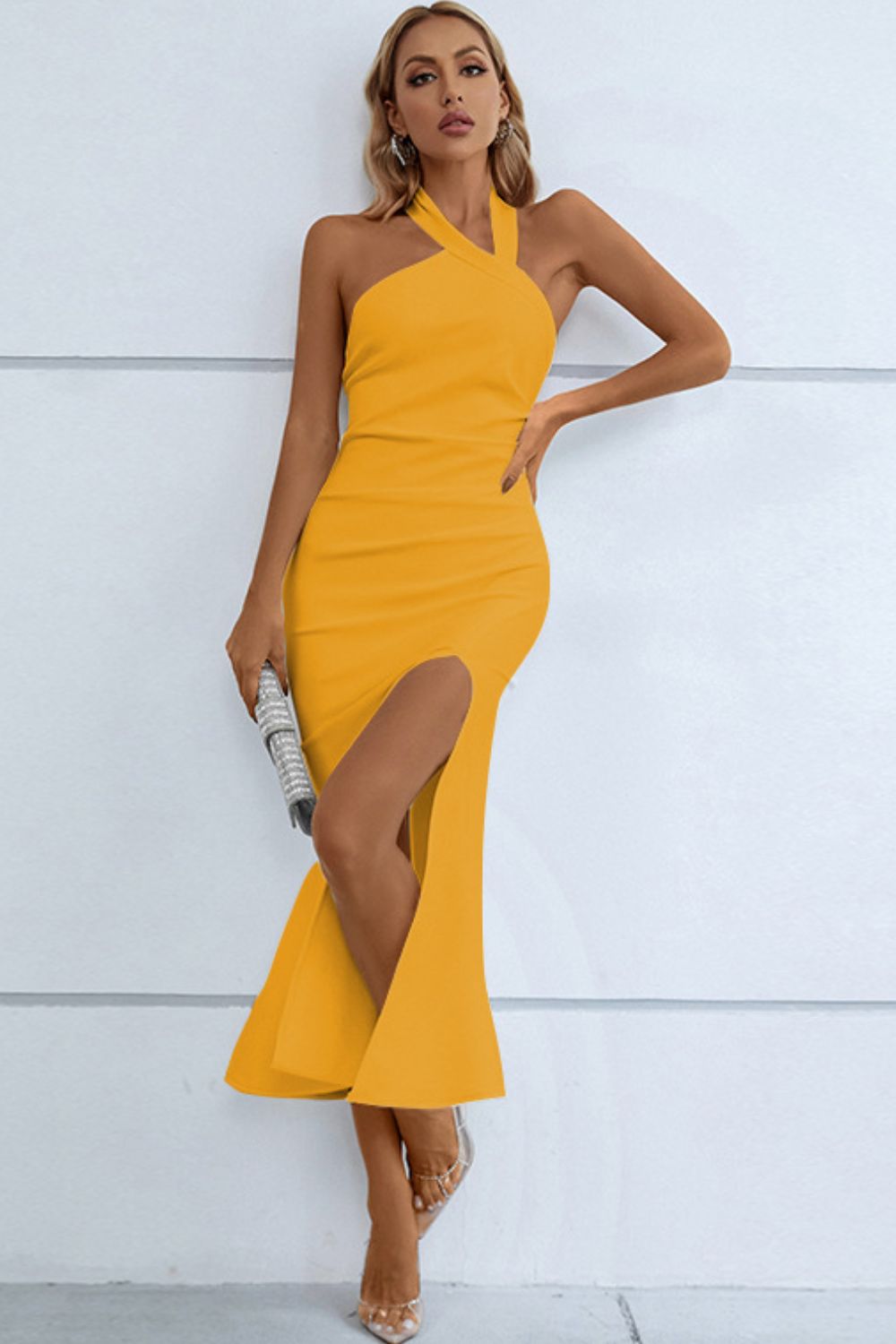 Halter Neck Split Fishtail Bodycon Cutout Midi Dress