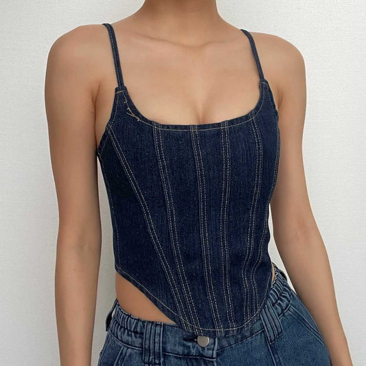 Stitch square neck backless zip-up denim cami top