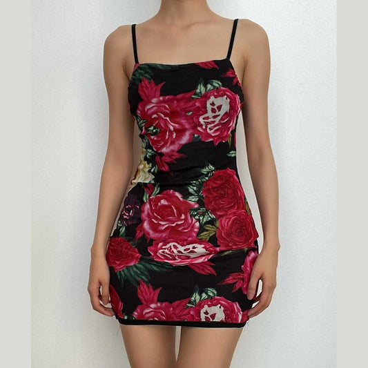 Mesh flower print contrast backless ruffle cami mini dress