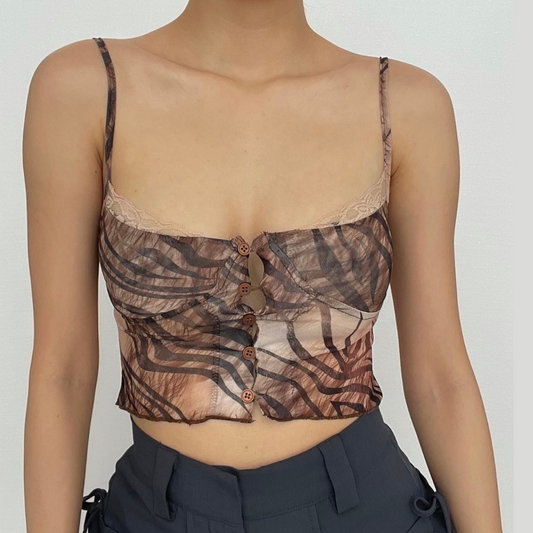 Lace hem tiger Stripe button low cut backless cami top