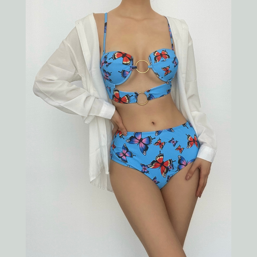 Padded o ring butterfly pattern hollow out cami bikini swimwear