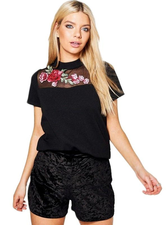 WOMEN T-SHIRT LACE PATCHWORK SHORT SLEEVE