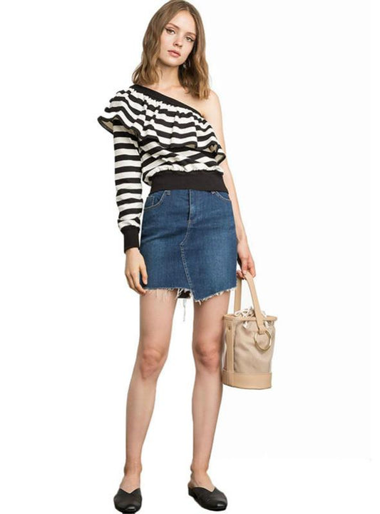 STRIPE WOMEN T-SHIRTS OFF SHOULDER RUFFLES