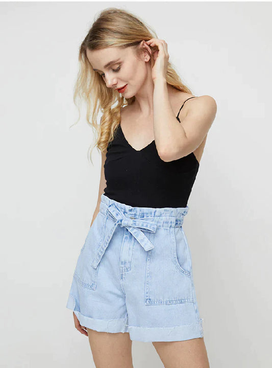 ELASTIC WAIST HEM WIDE LEG DENIM SHORTS