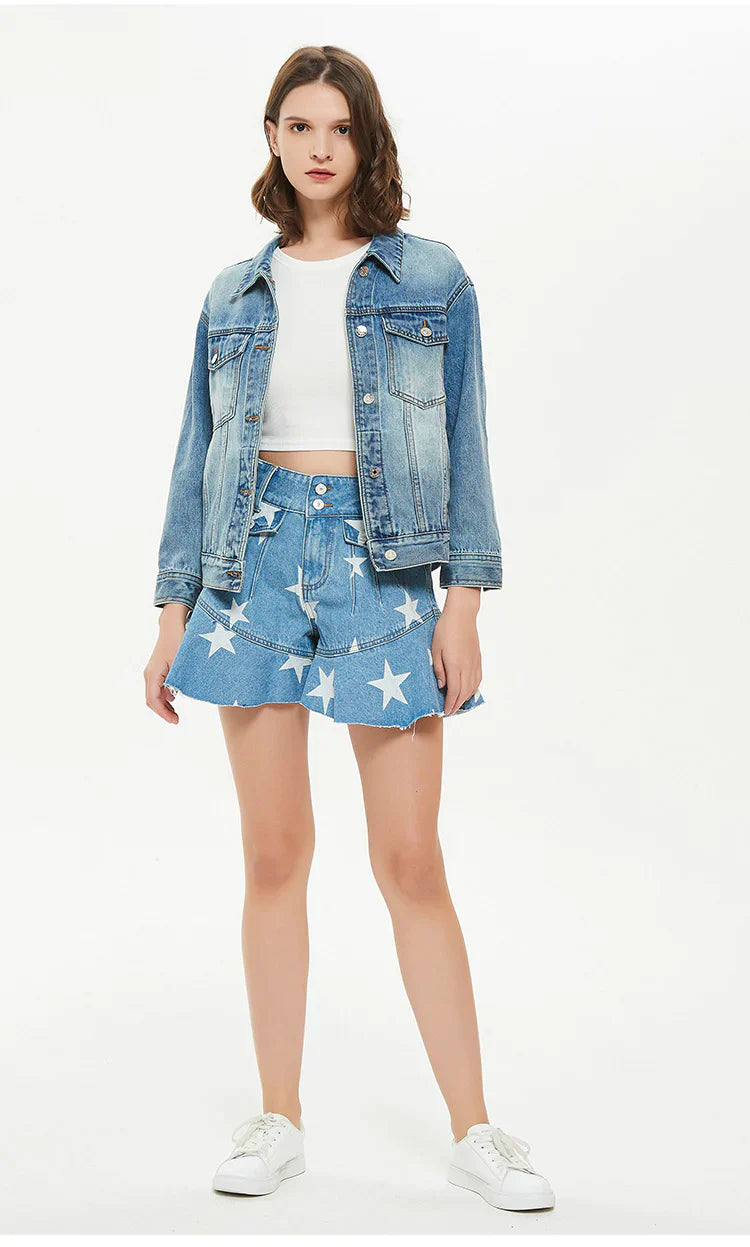 STAR PRINTED FLOUNCES WIDE-LEG PANTS SHORTS