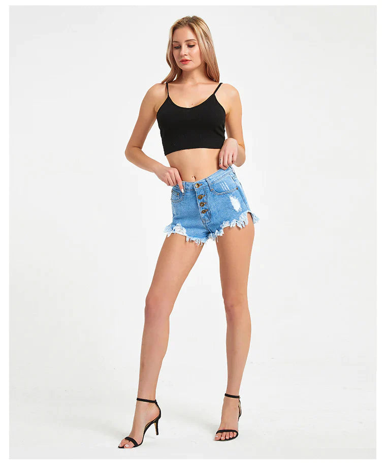 HIGH-BREASTED PIERCED TASSEL DENIM SHORTS