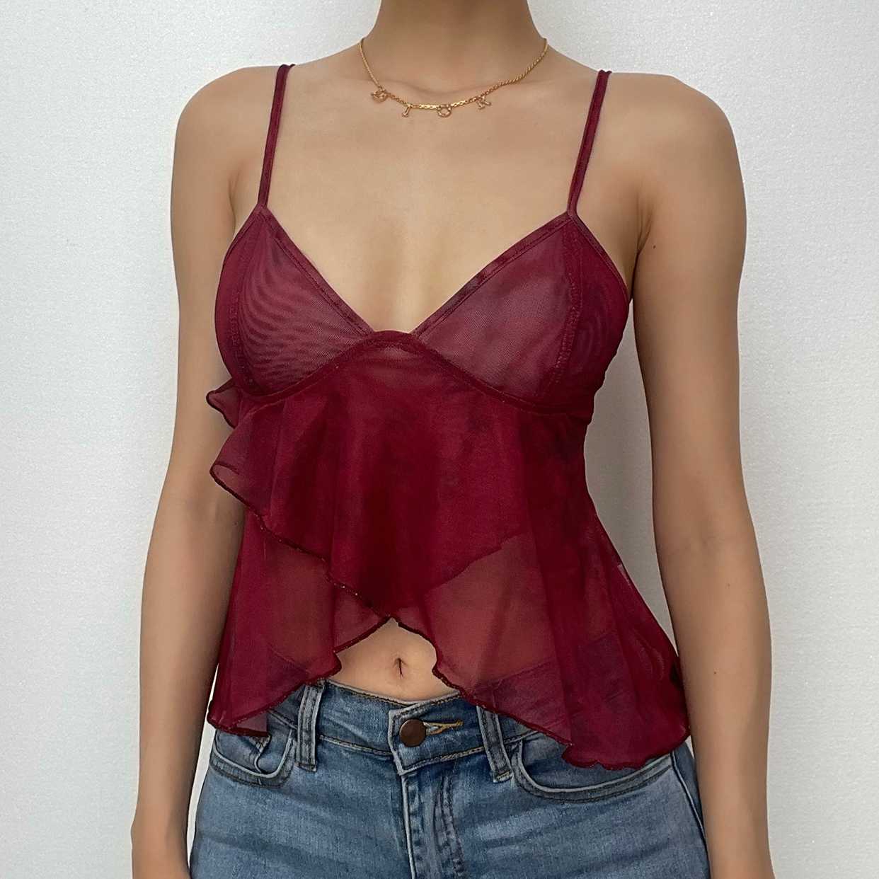 Sheer mesh see through v neck ruffle backless cami crop top