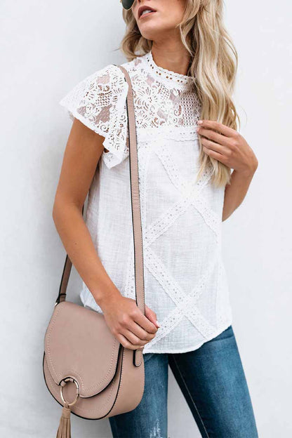 CityHottie Summer Geometric Stitching Lace Short Sleeves Tops