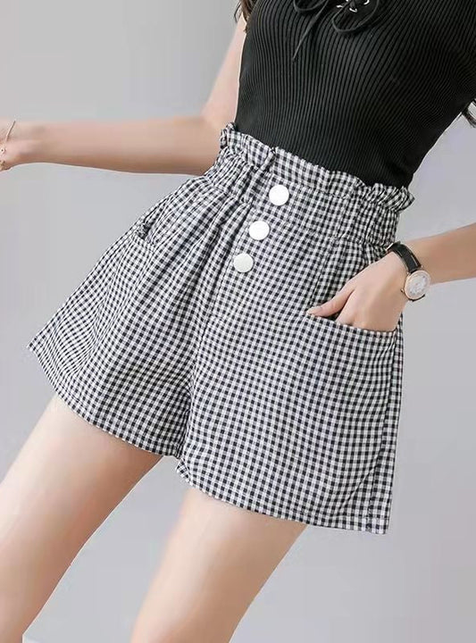 Trendy High Waisted Ruffles Plaid Shorts